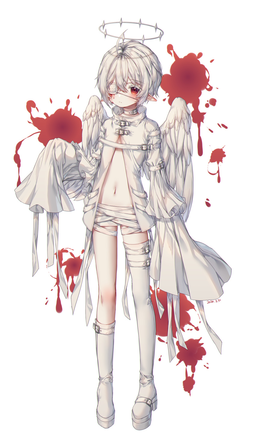 1boy absurdres ahoge albino albinoraccoon angel angel_wings asymmetrical_legwear bandages belt blood choker commentary_request eyebrows_visible_through_hair eyepatch full_body halo highres male_focus medical_eyepatch original platform_footwear pointy_ears red_eyes single_knee_boot single_thigh_boot sleeves_past_wrists solo straitjacket white_background white_hair wings