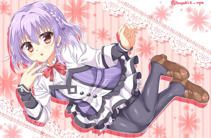 1boy artist_name asuka_minato black_legwear braid brown_footwear commentary_request crossdressinging floral_background fuyukichi_(nikoniko1567) highres loafers male_focus open_mouth otoko_no_ko otome_domain pantyhose purple_hair red_eyes red_ribbon ribbon school_uniform shoes short_hair skirt solo