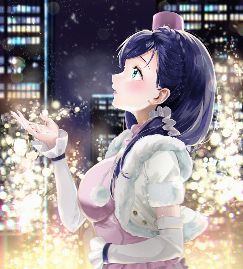 1girl absurdres bangs blush braid breasts building cropped_jacket crown_braid detached_sleeves from_side green_eyes hat highres jacket large_breasts light long_hair looking_up love_live! love_live!_school_idol_project low-tied_long_hair moshi_0208 night night_sky open_mouth outdoors outstretched_hand parted_bangs pink_shirt purple_hair scrunchie shirt sky snow_halation toujou_nozomi white_jacket white_scrunchie
