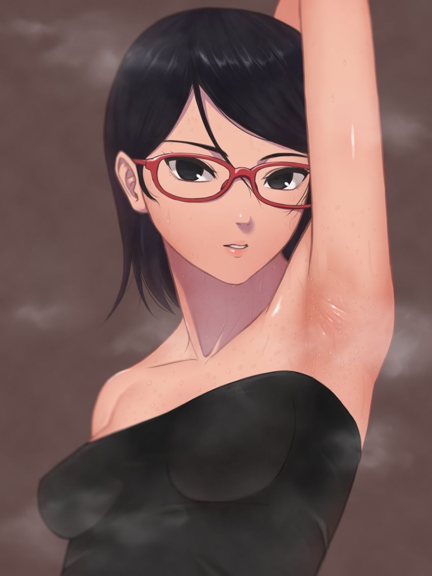 1girl absurdres arm_up armpits bangs bare_shoulders black_dress black_eyes black_hair boruto:_naruto_next_generations breasts brown_background collarbone commentary dress glasses highres looking_at_viewer miru_(wvjc7832) naruto_(series) parted_lips red-framed_eyewear short_hair simple_background sleeveless sleeveless_dress small_breasts solo strapless strapless_dress sweat uchiha_sarada