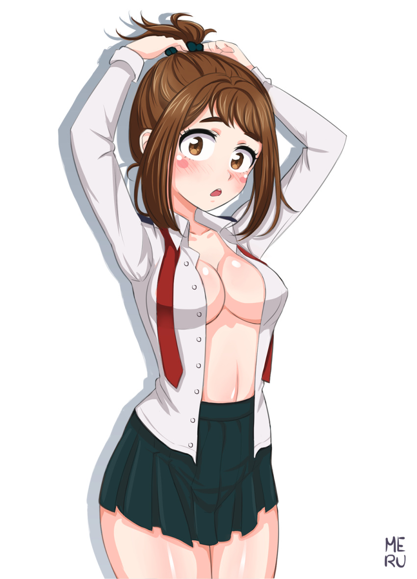 1girl :o adjusting_hair arms_up blush boku_no_hero_academia breasts brown_eyes brown_hair collared_shirt highres large_breasts long_sleeves looking_at_viewer medium_breasts meru_rumi no_bra open_mouth school_uniform shirt simple_background skirt solo tying_hair u.a._school_uniform unbuttoned unbuttoned_shirt uniform untied uraraka_ochako white_background