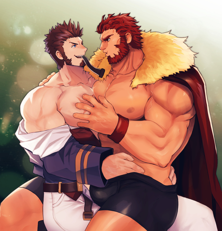 2boys abs bara beard belt blue_eyes blush brown_hair bulge cape chest commissioner_upload couple epaulettes facial_hair fate/grand_order fate_(series) grabbing hand_under_clothes highres leather legs_together long_sleeves looking_at_another male_focus multiple_boys muscle napoleon_bonaparte_(fate/grand_order) nipples open_clothes open_mouth pants partially_undressed pectorals red_eyes redhead rider_(fate/zero) scar shirtless sideburns simple_background sitting sitting_on_lap sitting_on_person smile tora_d underwear undressing_another yaoi