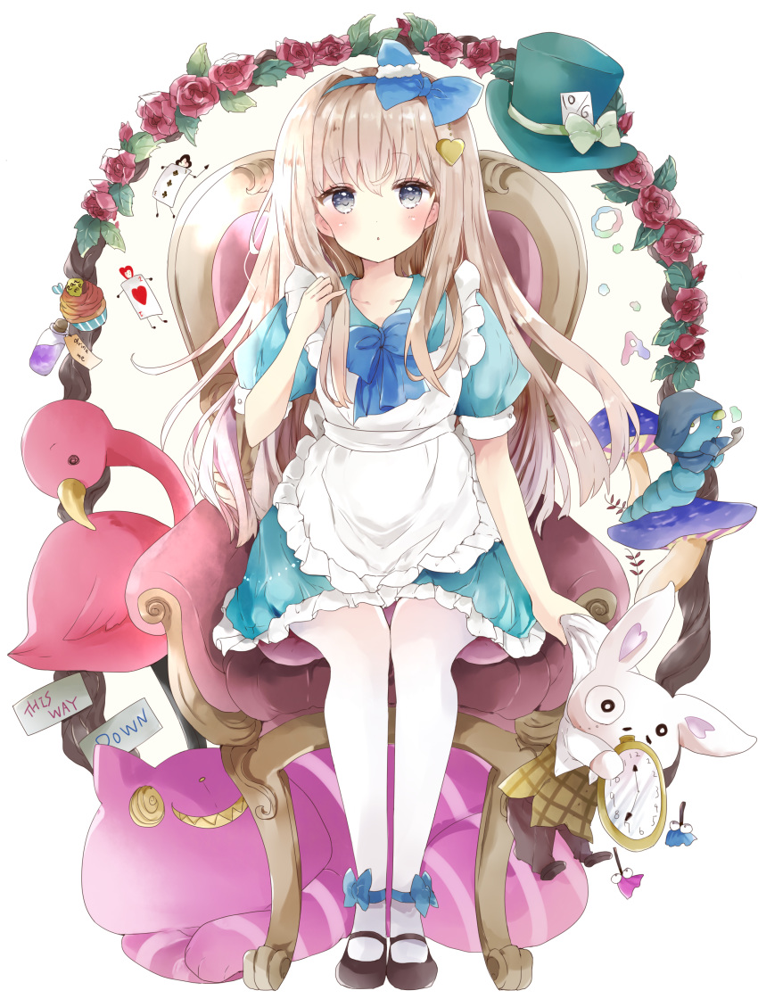 1girl absurdres ace_of_hearts alice_(wonderland) alice_in_wonderland animal apron bird black_footwear blue_bow blue_dress bow brown_hair brown_pants card caterpillar caterpillar_(wonderland) cheshire_cat closed_mouth clothed_animal club_(shape) commentary_request dress english_text flamingo flower frilled_apron frills green_headwear hair_bow hat highres long_hair looking_at_viewer mary_janes pants pantyhose playing_card pocket_watch puffy_short_sleeves puffy_sleeves rabbit red_flower red_rose rose shoes short_sleeves tsukiyo_(skymint) very_long_hair watch white_apron white_background white_legwear white_rabbit