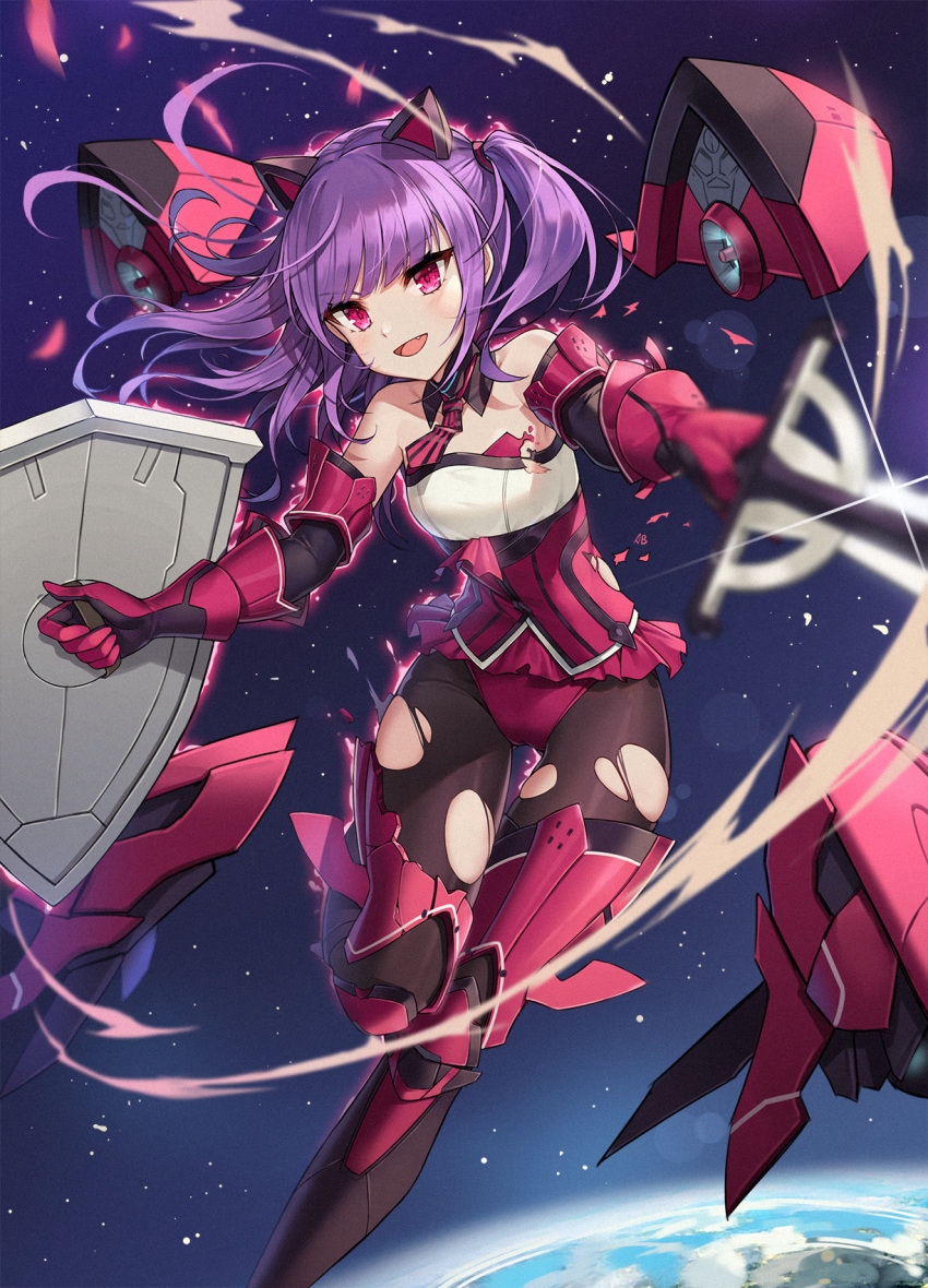 1girl :d alice_gear_aegis aliceblue animal_ears bangs black_legwear blush cat_ears detached_collar eyebrows_visible_through_hair fake_animal_ears floating_hair gauntlets highres holding holding_shield holding_sword holding_weapon ichijou_ayaka leotard long_hair necktie open_mouth pantyhose purple_hair red_eyes red_leotard red_neckwear shield shiny shiny_hair smile solo space strapless strapless_leotard sword torn_clothes torn_legwear vertical-striped_neckwear weapon wing_collar