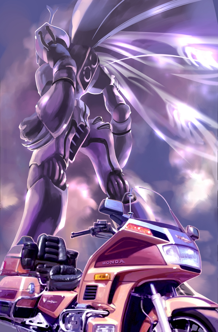 claws clenched_hands clouds commentary commentary_request dunbine engine fairy_wings ground_vehicle highres honda k-kat logo machinery mecha motor_vehicle motorcycle no_humans realistic science_fiction seisenshi_dunbine tire wings