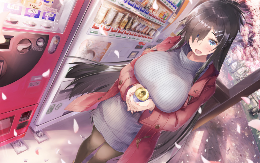 1girl :d black_hair black_legwear blue_eyes breasts can coat commentary_request daidou_(demitasse) day dress duffel_coat feet_out_of_frame hair_ornament hair_over_one_eye hairclip highres holding holding_can large_breasts long_hair long_sleeves open_mouth original outdoors own_hands_together pantyhose petals purple_dress purple_sweater red_coat smile soda_can solo spring_(season) standing straight_hair sweater sweater_vest vending_machine very_long_hair