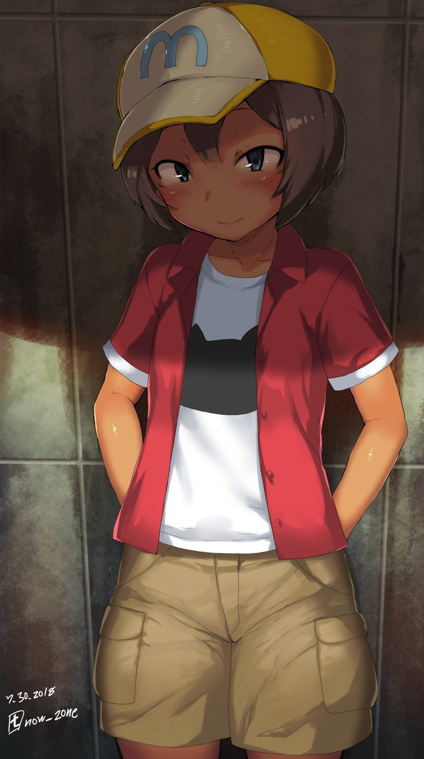 absurdres animal_print blush brown_eyes brown_hair cat_print child closed_mouth collarbone cowboy_shot dated flat_chest hair_between_eyes hat highres imazon jacket looking_at_viewer open_clothes open_jacket shirt short_hair short_sleeves shorts smile tan tomboy white_shirt yamaguchi_mika youkai_watch