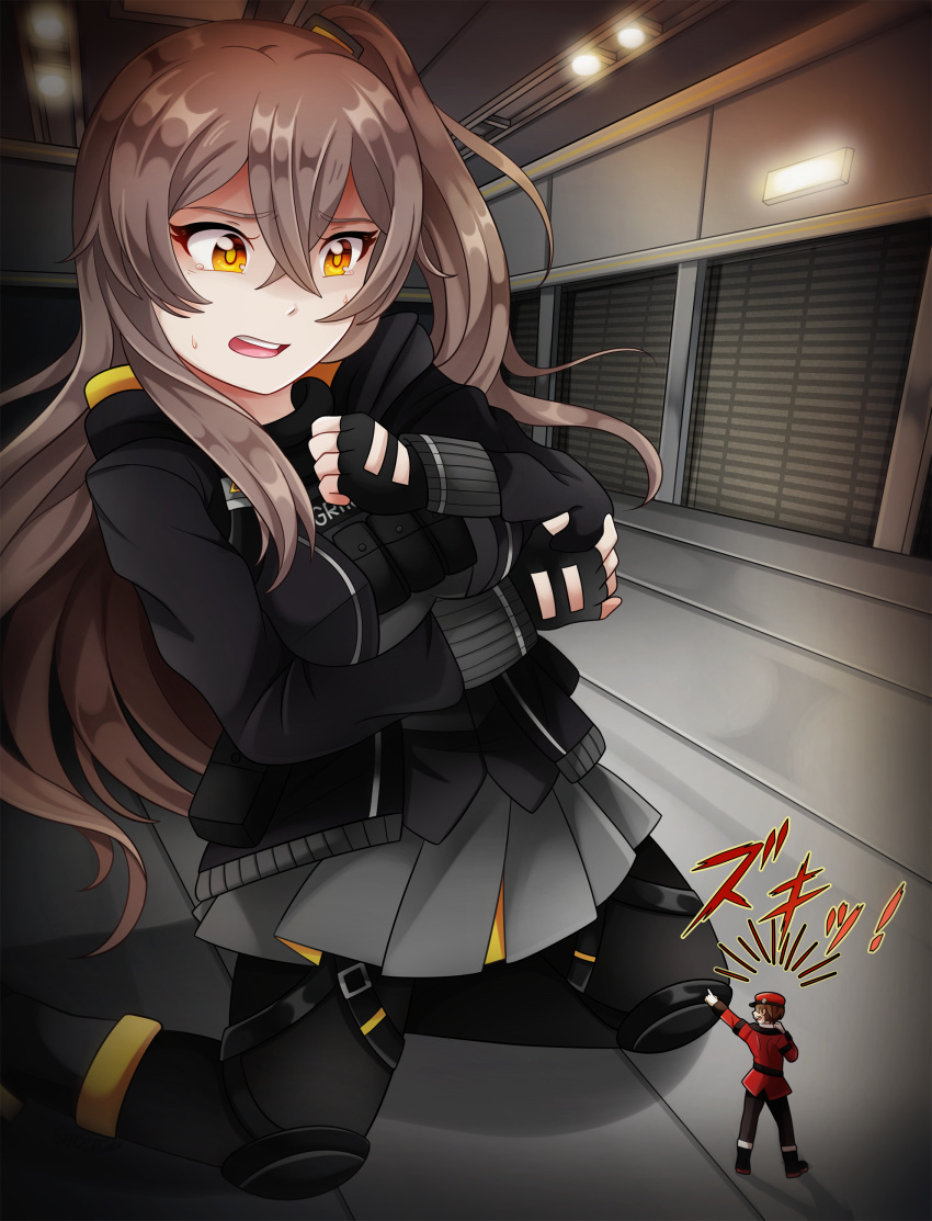 1boy 1girl absurdres alternate_breast_size black_jacket breasts commander_(girls_frontline) commentary_request commission giantess girls_frontline gloves grey_hair grey_skirt hair_between_eyes hat highres indoors jacket knee_pads long_hair medium_breasts military military_hat military_uniform miniboy one_side_up pantyhose peaked_cap pointing scar scar_across_eye sho-tan size_difference skirt tears ump45_(girls_frontline) uniform white_gloves yellow_eyes