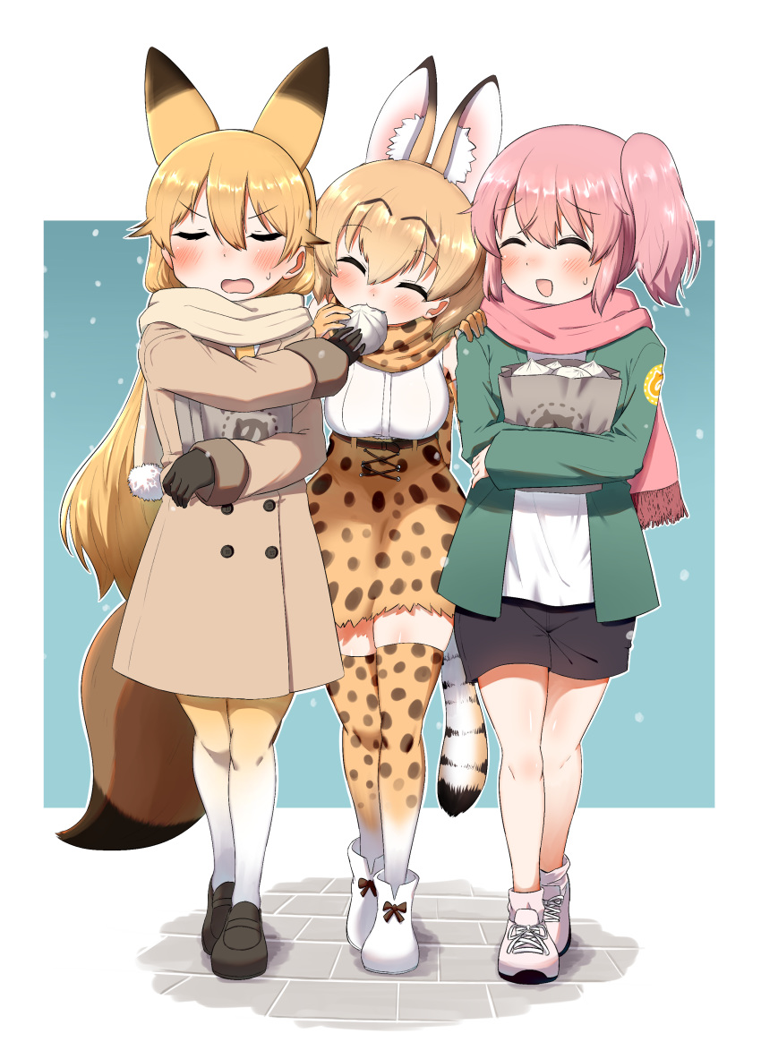 3girls :d ^_^ absurdres animal_ears bag bangs baozi black_footwear black_gloves black_shorts blonde_hair blush brown_coat brown_scarf closed_eyes coat commentary cross-laced_footwear eating elbow_gloves eyebrows_visible_through_hair ezo_red_fox_(kemono_friends) facing_another facing_viewer feeding food fox_ears fox_tail fringe_trim frown gloves green_jacket grocery_bag hand_on_another's_shoulder high-waist_skirt highres holding holding_bag jacket japari_symbol kemono_friends loafers long_hair miniskirt mouth_hold multiple_girls nana_(kemono_friends) ngetyan open_mouth outline outside_border pink_hair pink_scarf print_gloves print_scarf print_skirt scarf serval_(kemono_friends) serval_ears serval_print serval_tail shirt shoes shopping_bag short_hair shorts side_ponytail skirt sleeveless smile snow standing stone_floor sweatdrop tail thigh-highs white_footwear white_outline white_shirt winter_clothes yellow_legwear yellow_scarf yellow_skirt