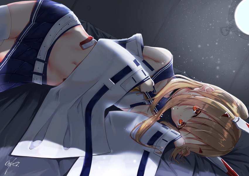 1girl ayanami_(azur_lane) azur_lane backlighting bangs bare_shoulders blonde_hair blush eyebrows_visible_through_hair hair_between_eyes hair_ornament headgear high_ponytail highres long_hair looking_at_viewer lying mello. navel on_side orange_eyes pleated_skirt ponytail red_eyes sailor_collar school_uniform shirt sidelocks skirt solo stomach thigh-highs white_legwear