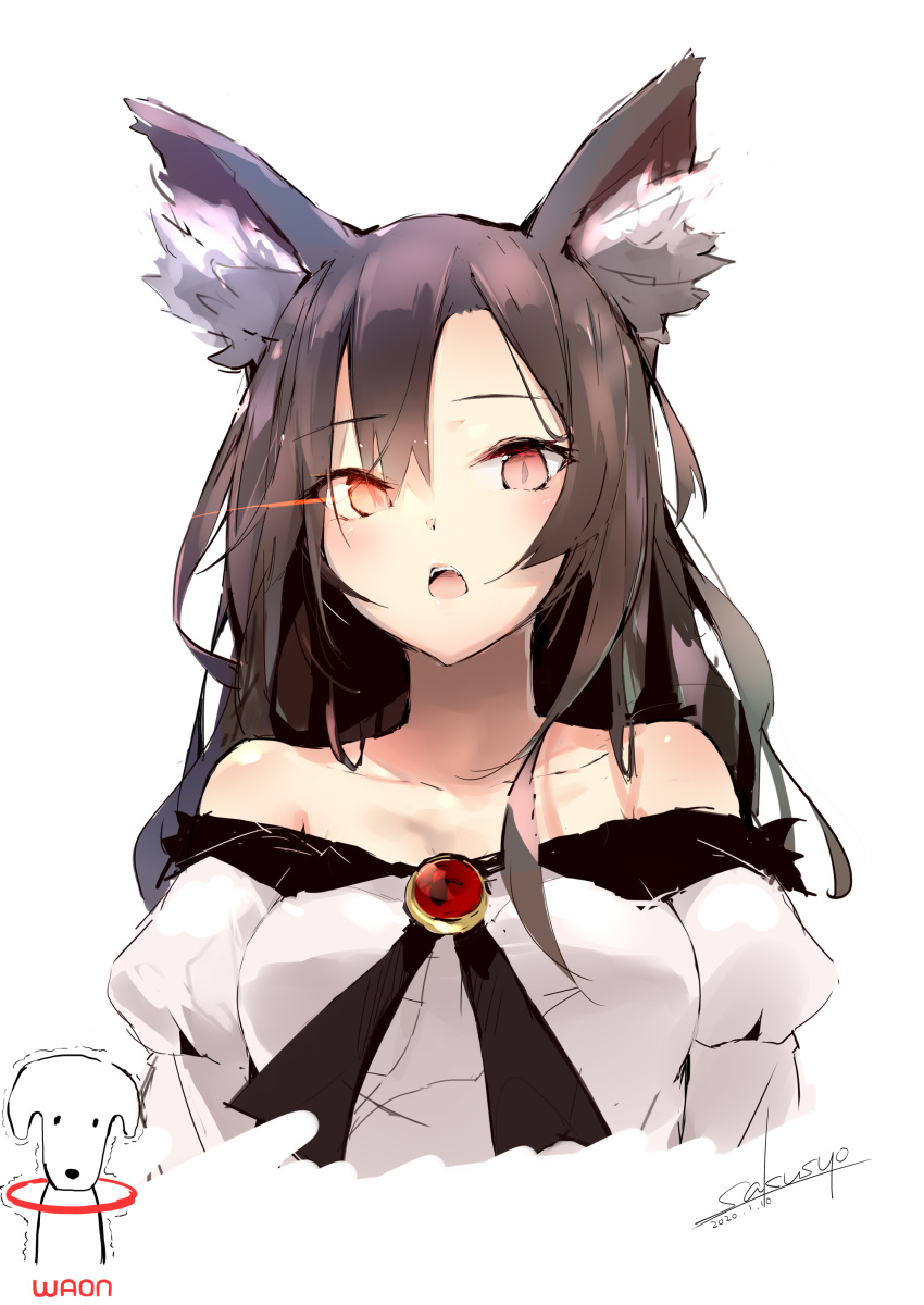 1girl absurdres animal_ear_fluff animal_ears artist_name bangs bare_shoulders blush breasts brooch brown_hair collarbone commentary_request cropped_torso dated dress eyebrows_visible_through_hair hair_between_eyes highres imaizumi_kagerou jewelry juliet_sleeves long_hair long_sleeves looking_at_viewer medium_breasts off-shoulder_dress off_shoulder open_mouth puffy_sleeves red_eyes sakusyo signature simple_background solo touhou upper_body white_background white_dress wolf_ears