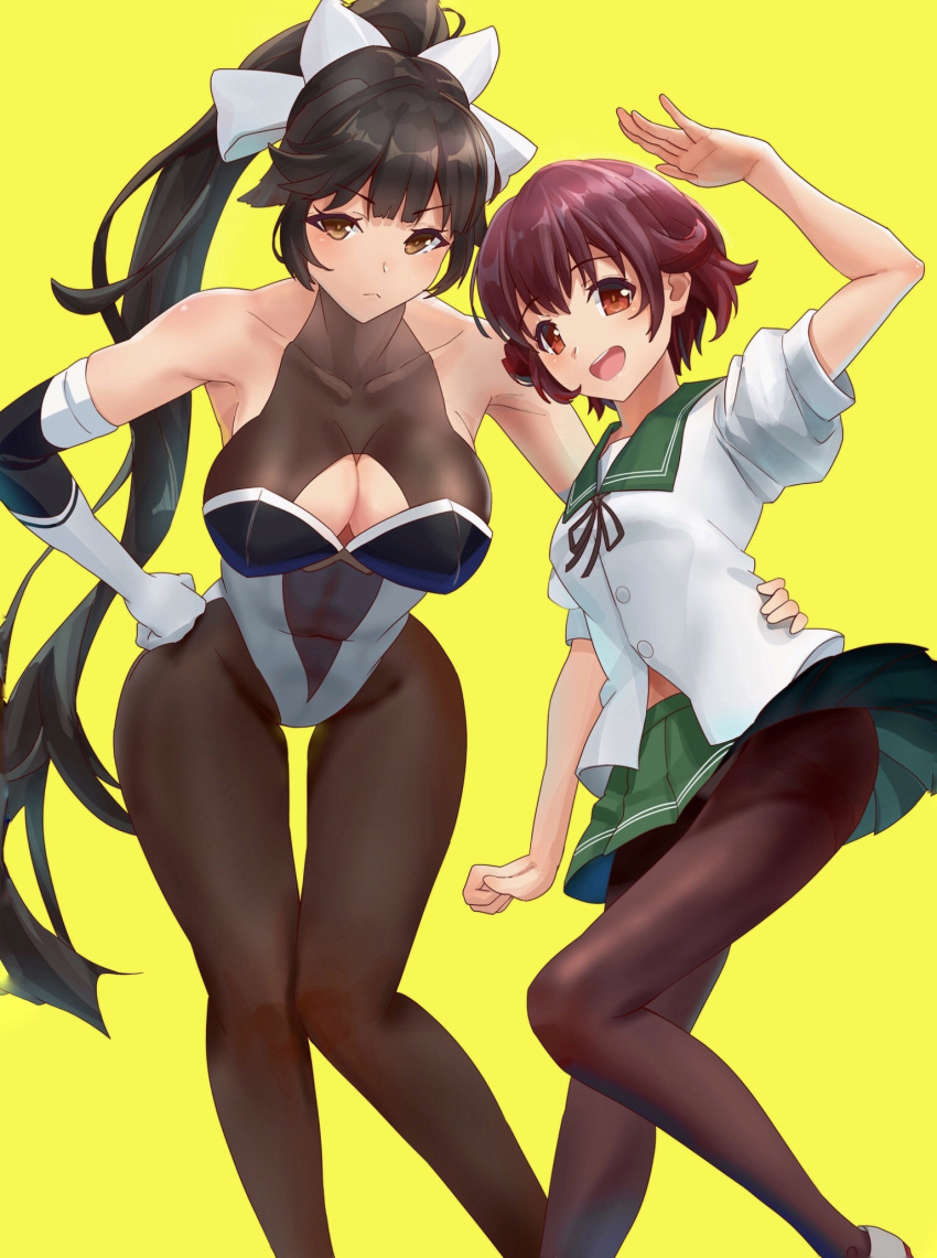 2girls arm_up ass_visible_through_thighs azur_lane black_hair black_legwear blush bow breasts brown_eyes brown_hair cleavage_cutout commentary_request covered_navel crossover detached_sleeves elbow_gloves eyebrows_visible_through_hair gloves green_sailor_collar green_skirt hair_between_eyes hair_bow hair_flaps hair_ornament hand_on_hip highres kantai_collection large_breasts leotard long_hair looking_at_viewer multiple_girls mutsuki_(kantai_collection) open_mouth pantyhose pleated_skirt ponytail racequeen remodel_(kantai_collection) sailor_collar school_uniform serafuku short_hair simple_background skin_tight skirt small_breasts smile takao_(azur_lane) tarou_(user_tpmh7442) thighs very_long_hair white_bow white_gloves yellow_background