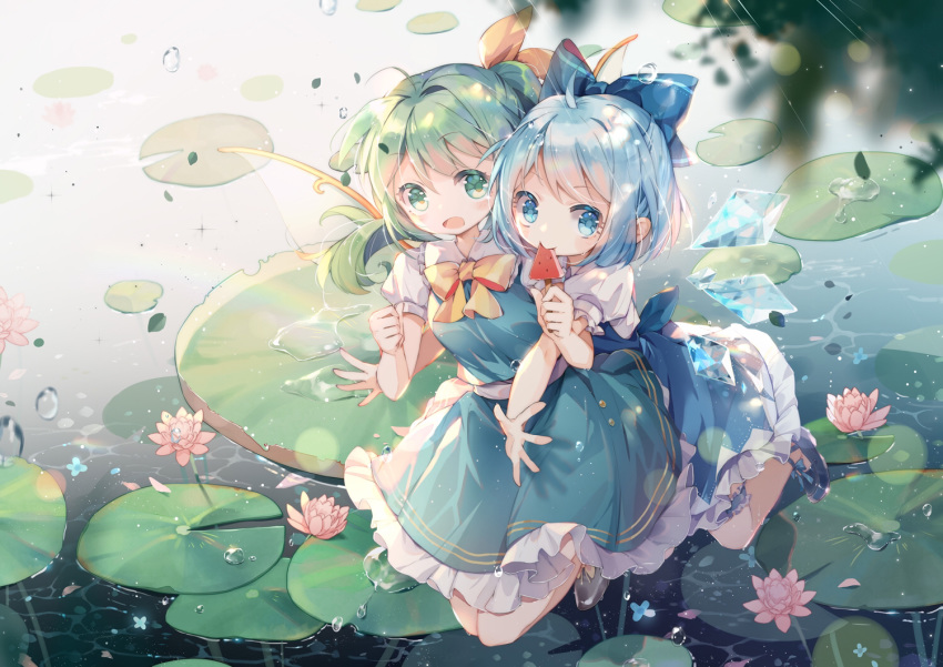 2girls ahoge blue_bow blue_dress blue_eyes blue_hair bow cirno commentary_request daiyousei detached_wings dress eating fairy_wings flower food food_theft frilled_skirt frills full_body green_eyes green_hair green_skirt green_vest hair_bow hair_ribbon holding holding_food ice ice_wings lily_pad looking_at_viewer lotus multiple_girls open_mouth outdoors ponytail popsicle puffy_short_sleeves puffy_sleeves rain ribbon rokusai short_hair short_sleeves skirt touhou vest water water_drop watermelon_bar wings yellow_neckwear yellow_ribbon