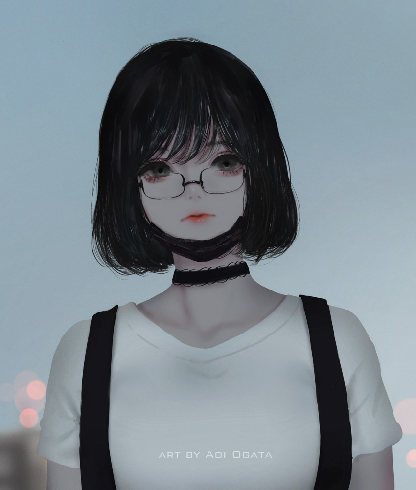 1girl aoi_ogata artist_name bangs black_choker black_hair blurry blurry_background bob_cut breasts choker closed_mouth commentary depth_of_field english_commentary glasses grey_eyes grey_sky highres lips looking_at_viewer mask mask_pull mouth_mask original red_lips shirt short_hair short_sleeves small_breasts solo surgical_mask suspenders upper_body white_shirt