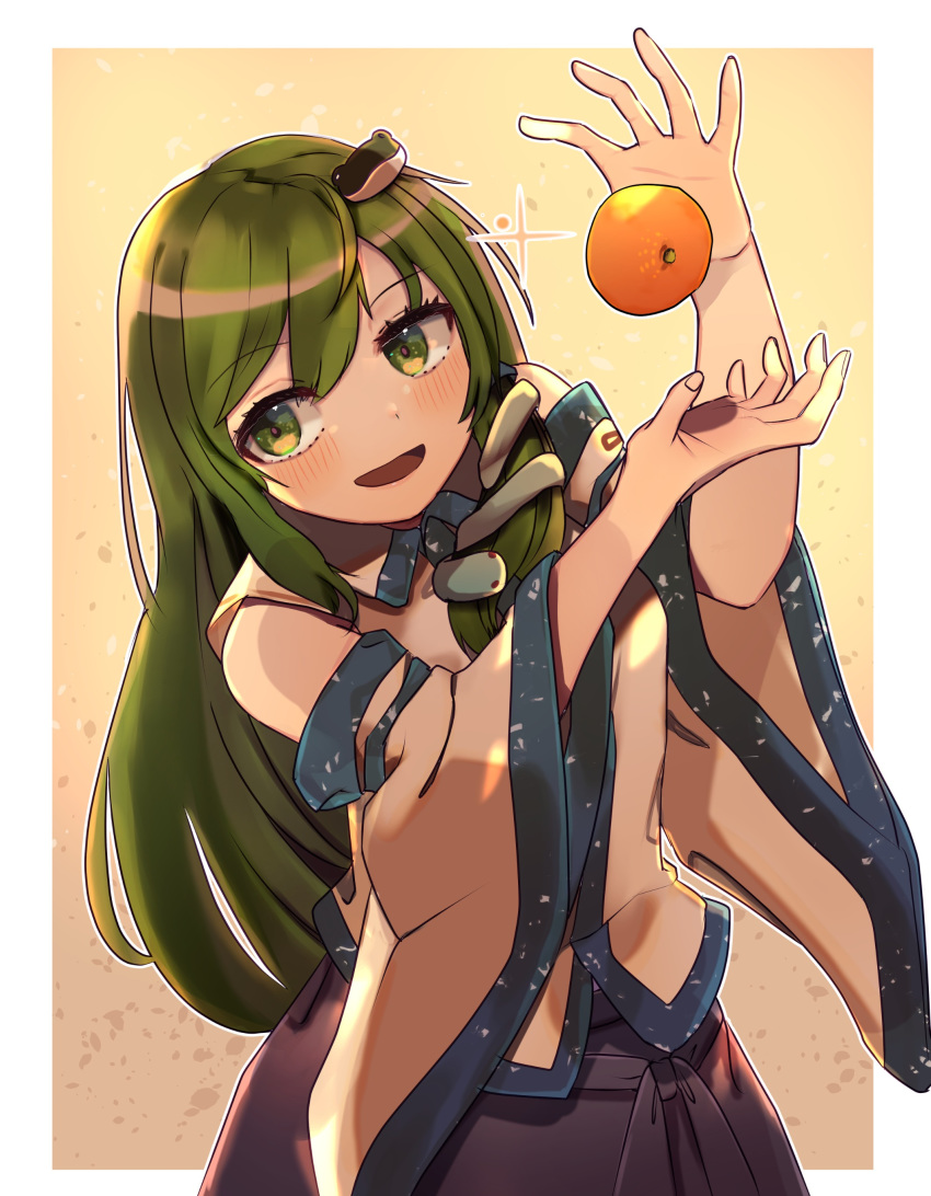 1girl absurdres ahoge bangs bare_shoulders blue_skirt blush collared_shirt commentary detached_sleeves doyagao eyebrows_visible_through_hair food frog_hair_ornament fruit green_eyes green_hair hair_ornament hands_up highres kochiya_sanae kurowa_(curowa) long_hair mandarin_orange open_mouth shirt skirt sleeveless sleeveless_shirt snake_hair_ornament touhou white_shirt