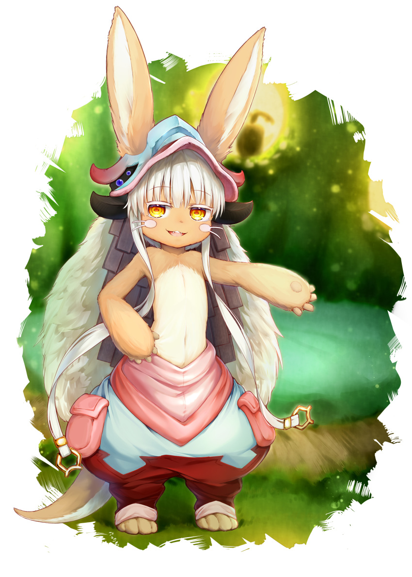 1girl absurdres animal_ears barefoot dog_tail furry hand_on_hip helmet highres horns long_hair made_in_abyss nanachi_(made_in_abyss) outdoors outstretched_arm pants paws pouch rabbit_ears renroujiang silver_hair smile solo tail topless water whiskers yellow_eyes