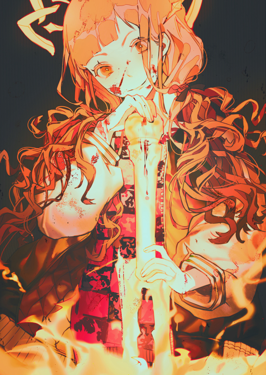 1girl absurdres animal_ears bangs black_background blood blood_on_face blood_splatter bloody_hands bloody_weapon blunt_bangs closed_mouth curly_hair eyes_visible_through_hair fire glowing_ears hand_up highres holding holding_weapon jacket little_red_riding_hood_(sinoalice) long_hair long_sleeves looking_at_viewer open_clothes open_jacket orange_eyes orange_hair reality_arc_(sinoalice) senryoko simple_background sinoalice smile solo standing weapon