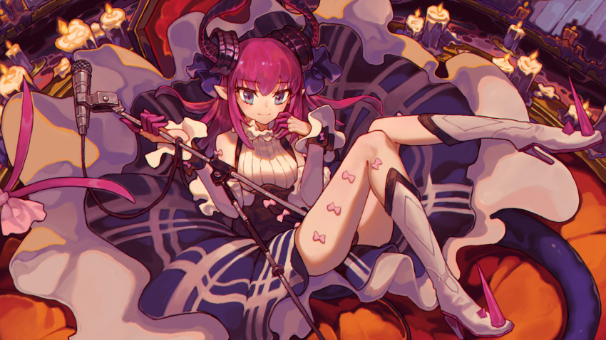 1girl bangs blue_eyes boots bow candle candle_wax chinese_commentary collar commentary_request detached_sleeves dress elizabeth_bathory_(fate) elizabeth_bathory_(fate)_(all) eyebrows_visible_through_hair eyes_visible_through_hair fate/extra fate/extra_ccc fate/grand_order fate_(series) finger_gloves foot_up frilled_collar frilled_sleeves frills full_body gloves hand_on_own_face hands_up high_heel_boots high_heels highres holding_microphone_stand hong_da horns knee_boots knees_up long_hair long_sleeves microphone microphone_stand pink_bow pink_gloves pink_hair pointy_ears sidelocks smile solo spiked_boots tail thighs white_footwear white_sleeves