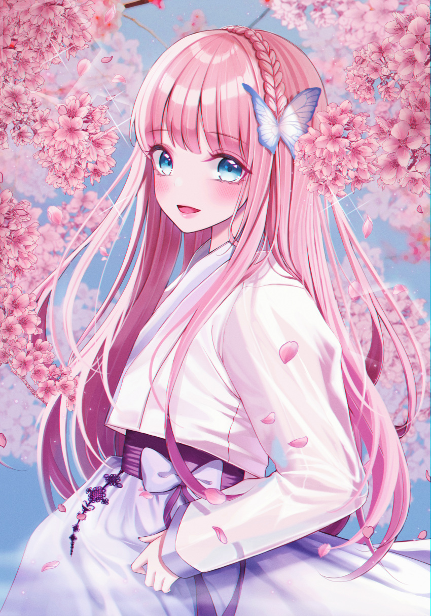 1girl :d absurdres bangs blue_eyes blurry blurry_background blush bow braid butterfly_hair_ornament cherry_blossoms crown_braid eumi_114 eyebrows_visible_through_hair floating_hair flower from_side hair_ornament highres long_hair long_skirt long_sleeves looking_at_viewer open_mouth original pink_flower pink_hair shiny shiny_hair skirt smile solo standing very_long_hair white_bow white_skirt