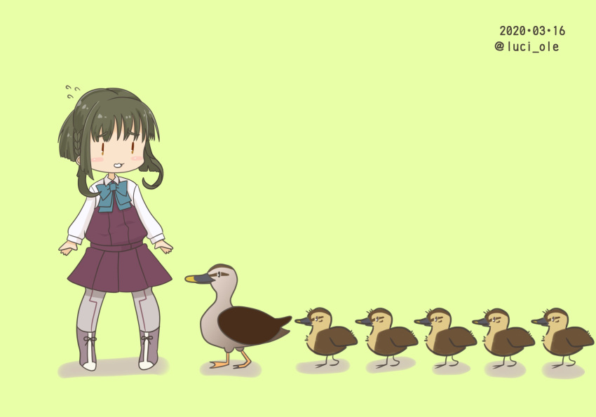1girl bird braid commentary_request dated dress duck duckling flying_sweatdrops green_hair grey_legwear highres kantai_collection luci_ole neck_ribbon purple_dress ribbon school_uniform sidelocks solo takanami_(kantai_collection) twitter_username