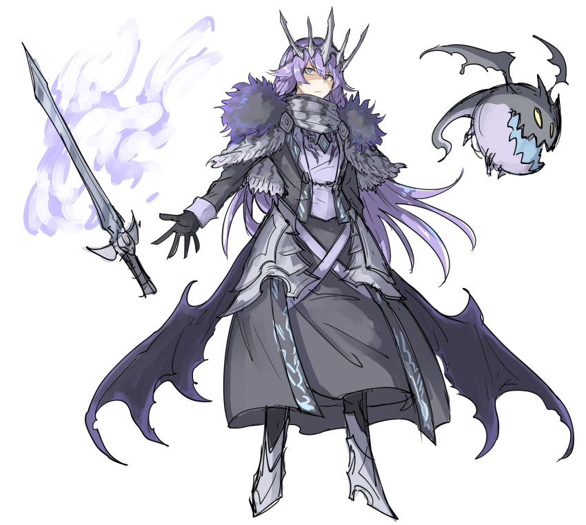 1girl absurdres armor black_dress black_gloves blue_eyes capelet closed_mouth crown demon_wings dress fire floating floating_weapon fur_trim gloves grey_capelet grey_scarf high_heels highres kan_(aaaaari35) long_hair low_wings monster open_mouth original purple_fire purple_hair scarf simple_background sketch slit_pupils sword weapon white_background wings yellow_eyes