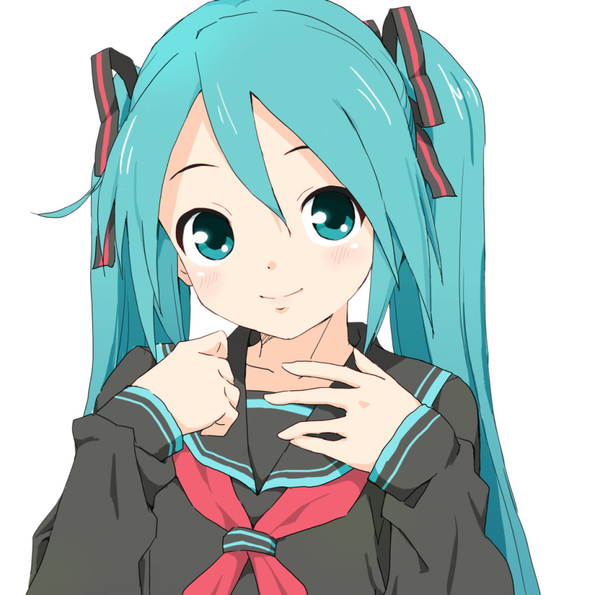 1girl animated animated_gif aqua_eyes aqua_hair black_collar black_ribbon black_shirt blinking collar collarbone commentary hair_ribbon hand_on_own_chest hatsune_miku light_blush long_hair long_sleeves looking_at_viewer neckerchief red_neckwear ribbon sailor_collar school_uniform serafuku shirt smile solo soukun_s striped striped_ribbon twintails upper_body very_long_hair vocaloid vocaloid_(lat-type_ver) white_background