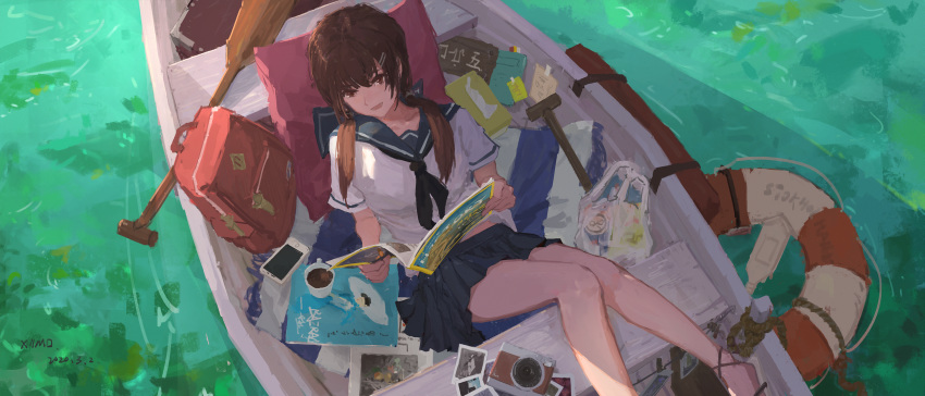 1girl absurdres backpack bag boat brown_hair buoy camera cellphone cup highres landscape looking_at_viewer lying magazine medium_hair original outdoors paddle phone photo_(object) pillow reading rope rowboat school_uniform serafuku smartphone smile solo tissue twintails water watercraft xilmo