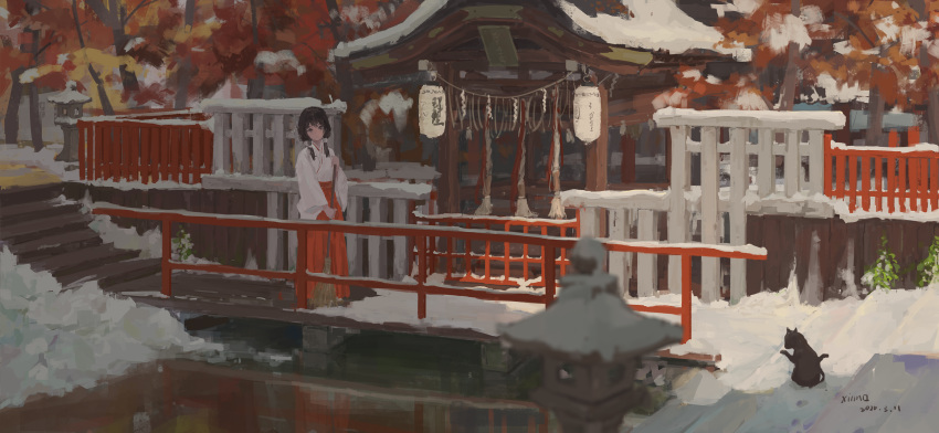 1girl absurdres black_cat black_hair bridge cat day highres japanese_clothes lantern miko original outdoors scenery shrine snow solo stairs stone_lantern sweeping twintails xilmo