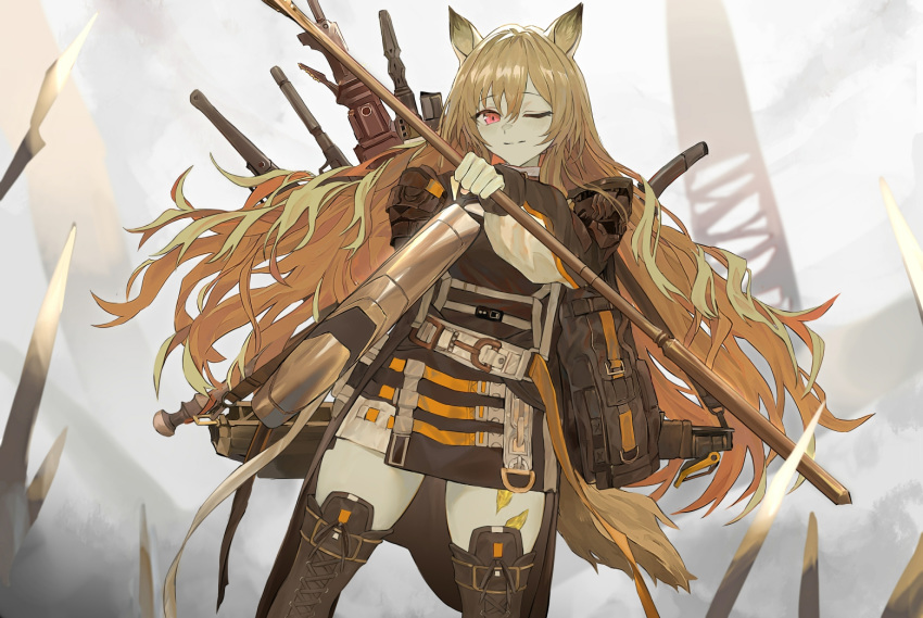 1girl animal_ears arknights belt black_coat black_dress blonde_hair boots brown_footwear brown_legwear ceobe_(arknights) closed_mouth coat cross-laced_footwear day dog_ears dog_tail dress floating_hair grey_sky koio long_hair long_sleeves looking_at_viewer multiple_weapons one_eye_closed ore_lesion_(arknights) outdoors red_eyes science_fiction short_dress solo staff sword tactical_clothes tail thigh-highs thigh_boots thighs weapon weapon_on_back