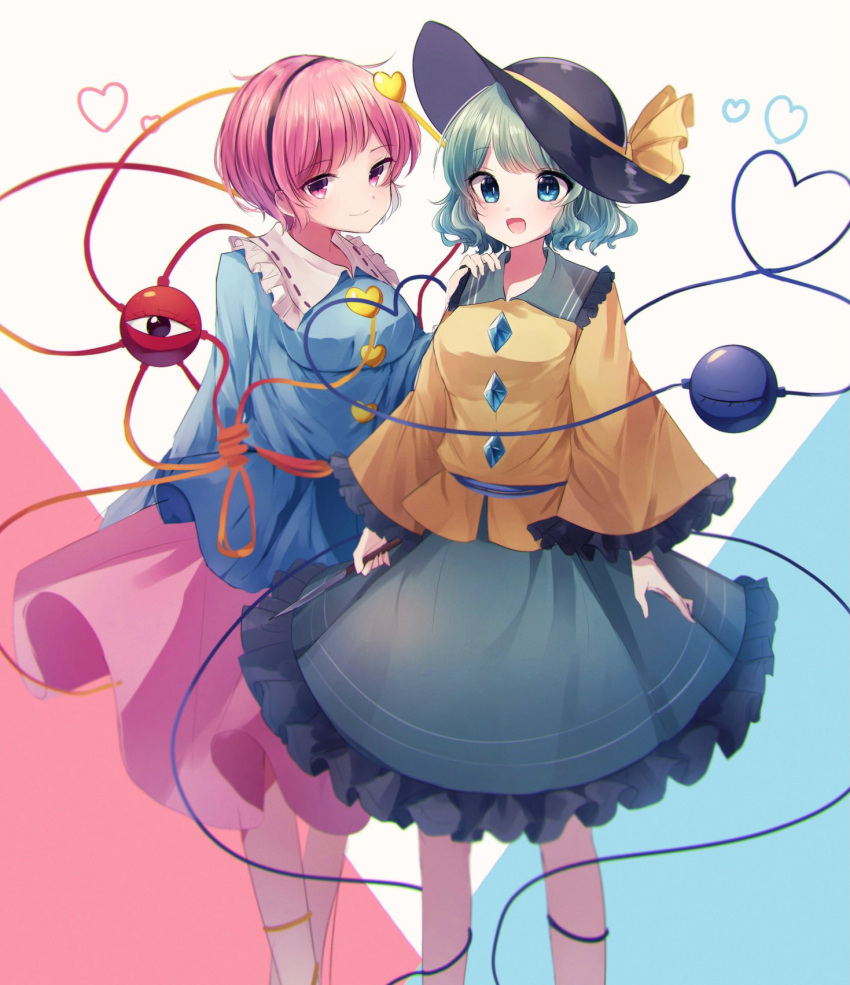 2girls blue_shirt blush breasts eyebrows_visible_through_hair frilled_shirt_collar frilled_skirt frilled_sleeves frills green_eyes green_hair green_skirt hair_between_eyes hair_ornament hair_ribbon hairband hand_on_another's_shoulder hat heart heart_hair_ornament highres komeiji_koishi komeiji_satori large_breasts long_sleeves looking_at_viewer moshihimechan multiple_girls open_mouth pink_eyes pink_hair pink_skirt ribbon shirt short_hair siblings sisters skirt smile standing third_eye touhou wide_sleeves yellow_shirt