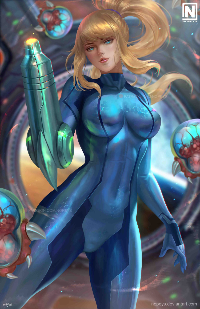 1girl absurdres arm_cannon blonde_hair blurry blurry_background bodysuit breasts covered_navel hexagon highres looking_at_viewer metroid metroid_(creature) norman_de_mesa parted_lips ponytail samus_aran smile solo standing weapon zero_suit