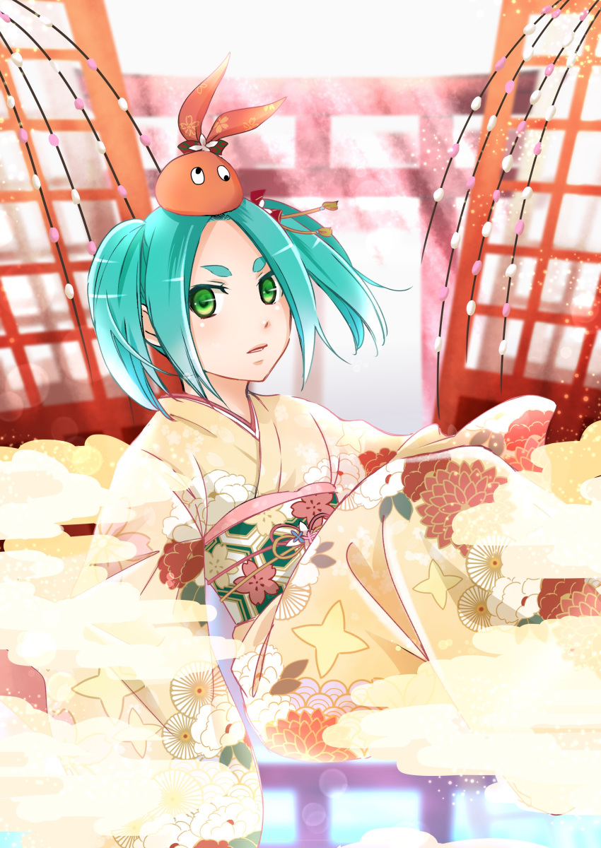 1girl absurdres aqua_hair center_part expressionless floral_print furisode googly_eyes green_eyes hair_ornament hat highres ichiharu_03 japanese_clothes kimono knees_up light_blush looking_at_viewer monogatari_(series) obi ononoki_yotsugi parted_lips sash short_hair short_twintails shrine sitting sliding_doors solo steam thick_eyebrows torii twintails yellow_kimono