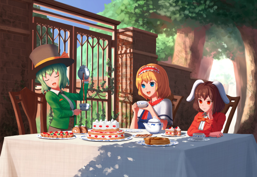 3girls :3 :d adapted_costume aletto-mikan alice_in_wonderland alice_margatroid alternate_costume animal_ears arm_rest arm_up ascot black_vest blazer blonde_hair blue_dress blue_eyes bow bowtie breast_pocket breasts brick_wall brown_hair buttons cake capelet chair checkerboard_cookie clear_sky closed_eyes closed_mouth commentary cookie cosplay cup day decantering dishes dress english_commentary floppy_ears food frilled_hairband frills fruit gate green_hair green_jacket hairband hand_on_own_cheek handkerchief hands_up hat hat_bow hat_ribbon head_rest head_tilt heart holding holding_cup holding_teapot inaba_tewi iron_bars jacket komeiji_koishi light_blush light_rays lolita_hairband long_sleeves mad_hatter mad_hatter_(cosplay) march_hare march_hare_(cosplay) medium_hair moss multiple_girls open_clothes open_jacket open_mouth outdoors overexposure pancake pastry plant pocket pouring rabbit_ears red_bow red_eyes red_hairband red_jacket red_neckwear ribbon saucer shade shadow shiny shiny_hair shirt short_hair sky slice_of_cake smile strawberry sunbeam sunlight sweets swiss_roll syrup table tablecloth tea tea_party tea_set teacup teapot top_hat touhou tree tree_shade upper_body vest vines waistcoat wall whipped_cream white_capelet white_shirt wing_collar yellow_bow yellow_ribbon