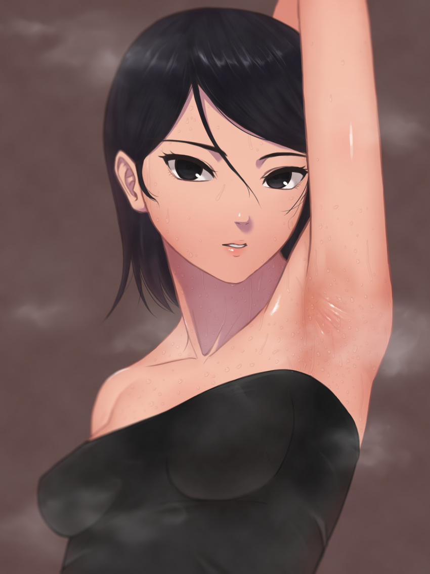 1girl absurdres arm_up armpits bangs bare_shoulders black_dress black_eyes black_hair boruto:_naruto_next_generations breasts brown_background collarbone commentary dress highres looking_at_viewer miru_(wvjc7832) naruto_(series) parted_lips short_hair simple_background sleeveless sleeveless_dress small_breasts solo strapless strapless_dress sweat uchiha_sarada