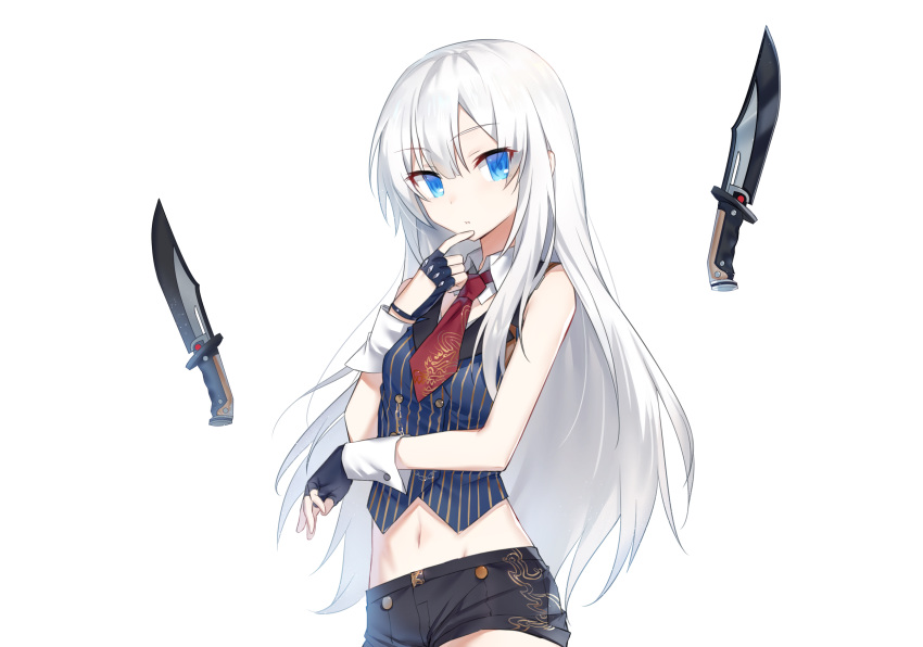 1girl bare_shoulders black_gloves black_shorts blue_eyes blue_shirt closers combat_knife cowboy_shot crop_top detached_collar finger_to_chin fingerless_gloves floating floating_object gloves highres knife long_hair looking_at_viewer midriff nanaya_(nnytwr) navel necktie parted_lips seulbi_lee shirt short_necktie short_shorts shorts sidelocks simple_background sleeveless sleeveless_shirt solo striped striped_shirt weapon white_background white_hair wing_collar wrist_cuffs