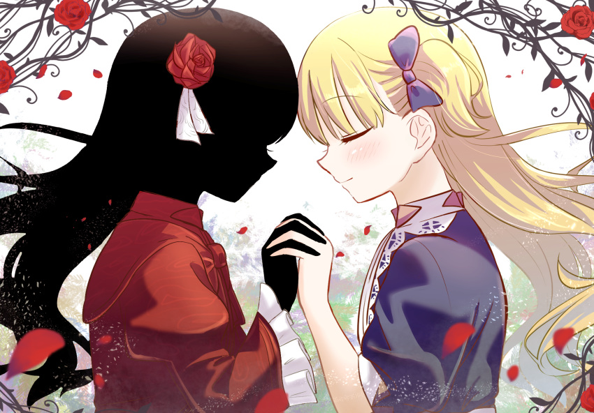 2girls blonde_hair blue_bow blue_dress bow closed_eyes commentary_request dress emilyko facing_another flower forehead-to-forehead frills hair_bow hair_flower hair_ornament hair_ribbon head_to_head highres holding_hands interlocked_fingers kate_(shadows_house) long_hair long_sleeves multiple_girls petals plant polar_opposites red_dress red_flower red_rose ribbon rose rose_petals shadows_house silhouette symmetry tmtkn1 two_side_up upper_body white_background