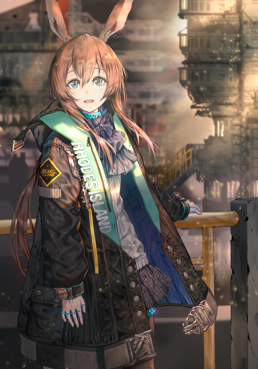 1girl against_railing amiya_(arknights) animal_ears arknights bangs black_jacket blue_eyes brown_hair choker hair_between_eyes highres jacket jewelry light_particles long_hair long_sleeves looking_at_viewer outdoors rabbit_ears ring skirt solo thumb_ring yuuki_higumo