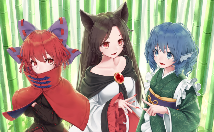 3girls :d animal_ears bamboo bamboo_forest bangs black_hair black_shirt blue_eyes blue_hair bow breasts brooch capelet collarbone commentary_request crossed_arms dress drill_hair eyebrows_visible_through_hair forest frilled_sleeves frills grass_root_youkai_network green_kimono hair_bow head_fins high_collar highres imaizumi_kagerou japanese_clothes jewelry kimono long_hair long_sleeves looking_at_viewer medium_breasts multiple_girls nail_polish nature obi open_mouth purple_bow purple_sash red_capelet red_eyes red_nails redhead ribbon-trimmed_bow ribbon_trim sash sekibanki shirt short_hair small_breasts smile torinari_(dtvisu) touhou touhou_cannonball upper_body wakasagihime white_dress wide_sleeves wolf_ears