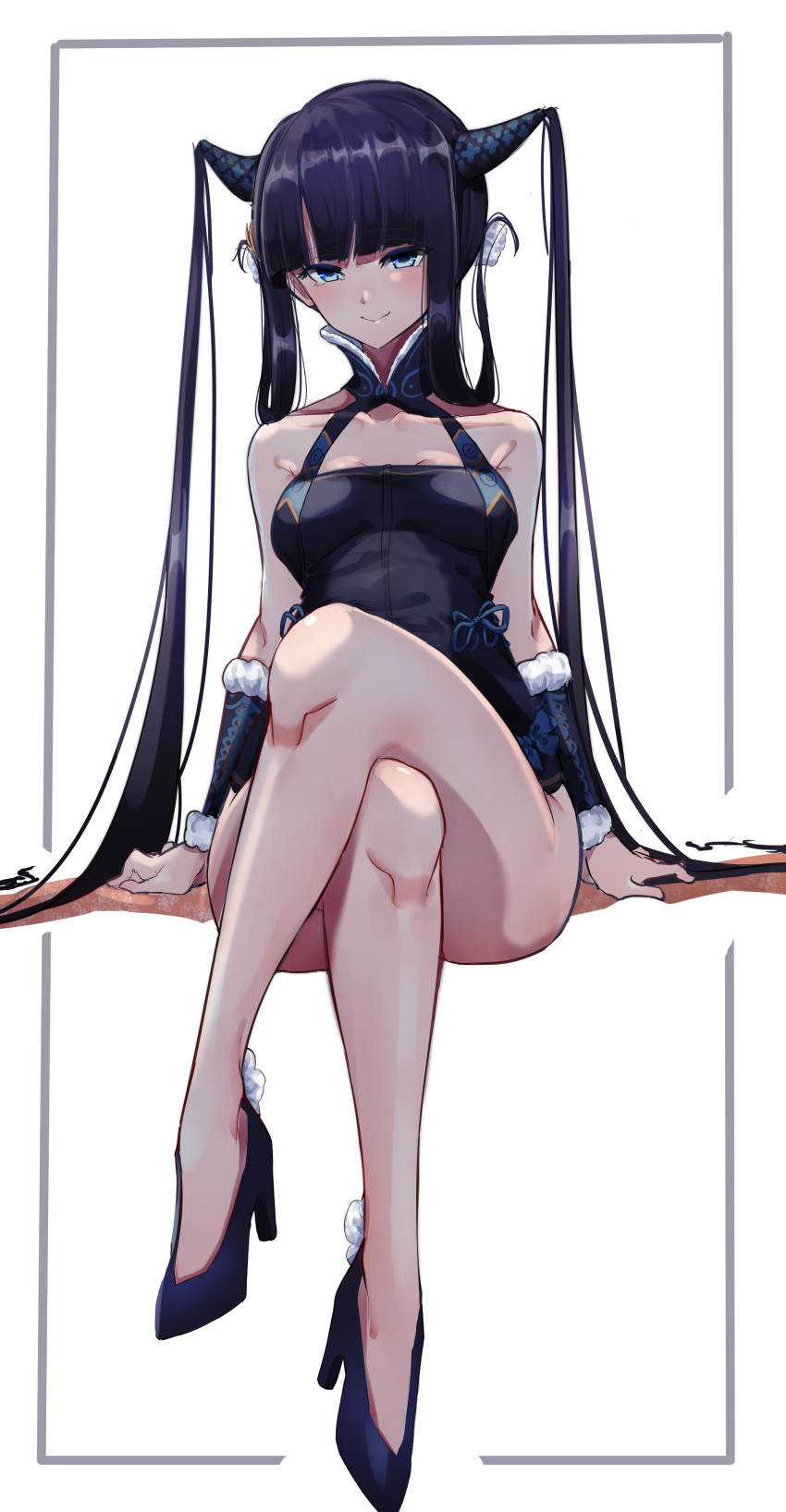 1girl absurdres azarashi_(azrsot) bangs bare_shoulders black_dress black_footwear blue_eyes blunt_bangs blush breasts china_dress chinese_clothes closed_mouth crossed_legs detached_sleeves dress fate/grand_order fate_(series) hair_ornament high_heels highres legs long_hair looking_at_viewer medium_breasts purple_hair sidelocks simple_background sitting smile solo twintails very_long_hair white_background yang_guifei_(fate/grand_order)