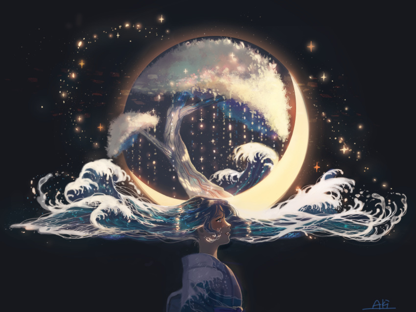 1girl absurdres aki_a0623 bangs bead_curtain black_background blue_eyes blue_hair commentary_request crescent_moon floating_hair from_side glowing highres liquid_hair long_hair moon original parted_lips profile sidelocks solo starry_moon surreal tree upper_body very_long_hair wave_print waves