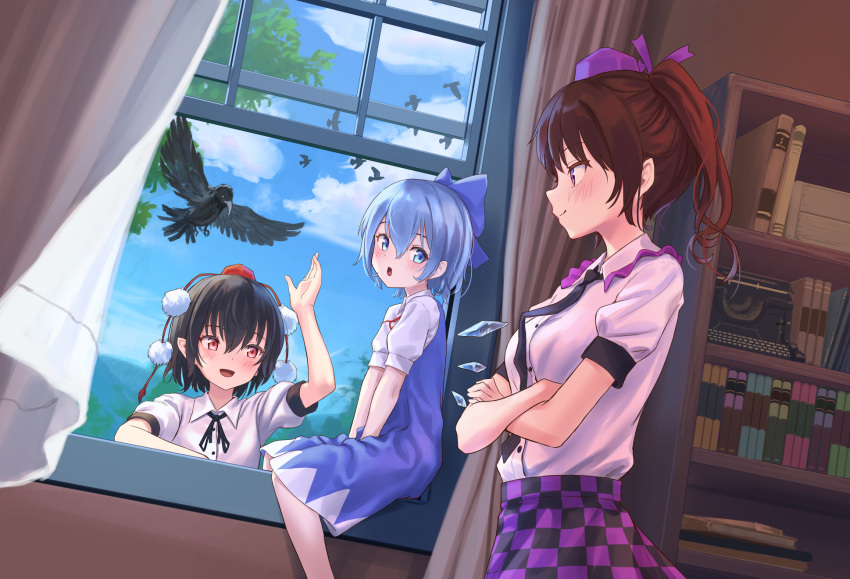 3girls arm_up bird black_hair black_neckwear blue_bow blue_dress blue_eyes blue_hair blush book bookshelf bow brown_hair checkered checkered_skirt cirno clouds commentary_request crossed_arms crow curtains day detached_wings dress hair_bow hair_ribbon hat highres himekaidou_hatate ice ice_wings looking_at_another multiple_girls neck_ribbon necktie open_mouth pointy_ears purple_headwear purple_ribbon purple_skirt red_eyes red_headwear red_neckwear ribbon roke_(taikodon) shameimaru_aya shelf shirt short_hair short_sleeves skirt smile tokin_hat touhou twintails typewriter violet_eyes white_shirt window wings