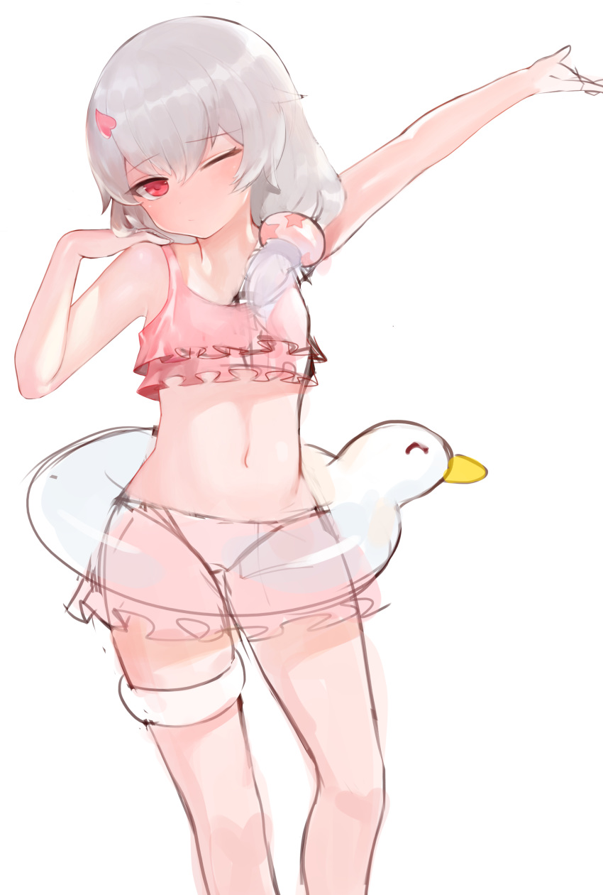 1girl absurdres arm_up bangs bare_arms bare_shoulders bikini blush closed_mouth dokomon eyebrows_visible_through_hair frilled_bikini frills grey_hair hair_between_eyes hair_ornament hair_over_shoulder hand_on_own_shoulder hand_up heart heart_hair_ornament highres honkai_(series) honkai_impact_3rd innertube navel one_eye_closed outstretched_arm pink_bikini red_eyes simple_background sketch solo swimsuit theresa_apocalypse theresa_apocalypse_(luna_kindred) white_background