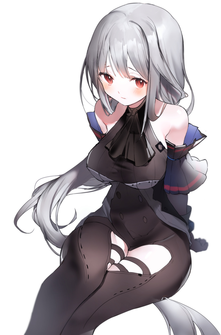 1girl absurdres arknights arm_support ascot bangs bare_shoulders black_bodysuit black_gloves black_neckwear blush bodysuit breasts closed_mouth commentary elbow_gloves eyebrows_behind_hair feet_out_of_frame gloves grey_hair highres large_breasts long_hair looking_at_viewer rang_ji7 red_eyes simple_background sitting skadi_(arknights) sleeveless sleeveless_bodysuit solo thigh_cutout very_long_hair white_background
