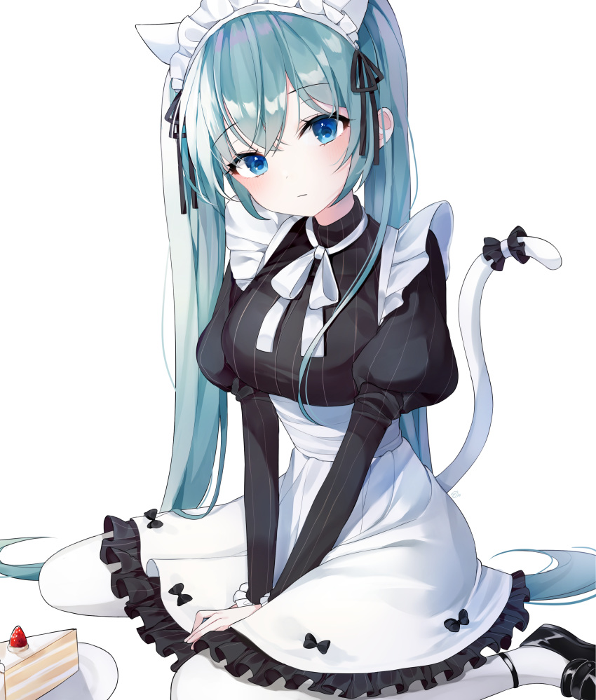 1girl absurdres animal_ears artist_request between_legs blue_eyes blue_hair blush breasts cake cat_ears cat_tail commentary expressionless flower food frills fruit hair_ribbon hand_between_legs hatsune_miku highres kemonomimi_mode large_breasts long_hair looking_at_viewer maid maid_headdress mary_janes moka_01 ribbon shirt shoes sitting socks solo strawberry striped striped_shirt tail tail_ribbon twintails v_arms very_long_hair vocaloid wariza white_background yokozuwari