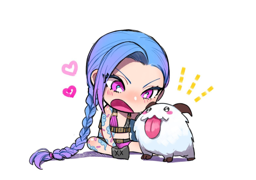 1girl arm_tattoo belt belt_buckle black_eyes black_footwear blue_hair blush blush_stickers braid buckle gradient gradient_hair heart jinx_(league_of_legends) league_of_legends leg_tattoo long_hair looking_at_another multicolored_hair nose_blush open_mouth petting poro_(league_of_legends) purple_hair simple_background sitting standing tattoo tongue tongue_out twintails violet_eyes white_background wosashimi
