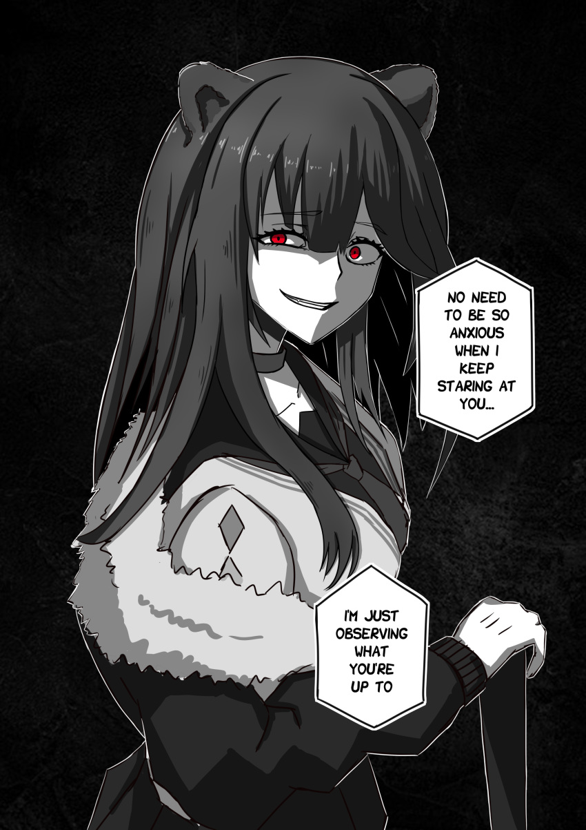1girl absurdres animal_ears arknights bear_ears brown_hair english_commentary english_text eyebrows_visible_through_hair fur_trim gesugao grin highres ichi10art long_hair looking_at_viewer monochrome monochrome_background red_eyes smile speech_bubble spot_color zima_(arknights)