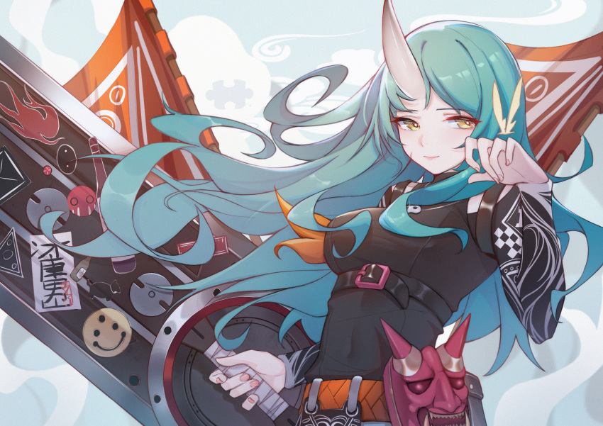 1girl abstract_background absurdres arknights banner belt belt_pouch black_bodysuit blue_hair blush bodysuit breasts closed_mouth hand_up highres holding holding_sword holding_weapon horn hoshiguma_(arknights) huge_weapon long_hair looking_at_viewer mask medium_breasts nail_polish oni_mask pink_nails pouch puzzle_piece saw272 skin-covered_horns smile solo sword underbust upper_body very_long_hair weapon yellow_eyes