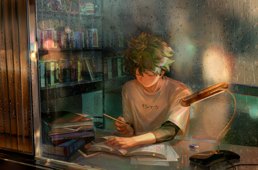 1boy binder black_undershirt boku_no_hero_academia book bookshelf closed_eyes desk desk_lamp eraser freckles from_outside green_hair highres lamp male_focus md5_mismatch messy_hair midoriya_izuku pencil rain shirt solo taro-k textbook white_shirt window