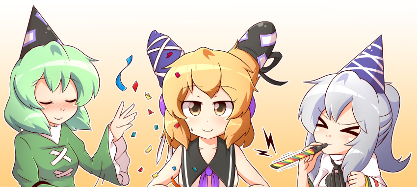 &gt;_&lt; 3girls blonde_hair blush clenched_hand closed_eyes collarbone commentary confetti dress earmuffs english_commentary green_hair hand_up hat headwear_switch highres looking_at_viewer mononobe_no_futo multiple_girls orange_background party_hat party_horn pom_pom_(clothes) ponytail ribbon shirt silver_hair simple_background sleeveless sleeveless_shirt smile soga_no_tojiko sweatdrop tate_eboshi touhou toyosatomimi_no_miko upper_body wool_(miwol) yellow_eyes