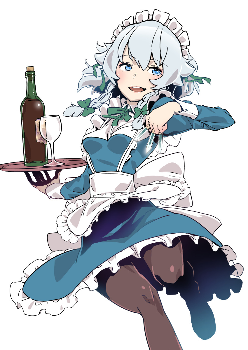 1girl absurdres apron blue_dress blue_eyes bottle bow braid breasts cup dress drinking_glass eyebrows_visible_through_hair frilled_apron frilled_skirt frills green_bow hair_bow highres holding holding_weapon izayoi_sakuya kawayabug knife looking_to_the_side maid maid_apron maid_headdress medium_breasts medium_hair open_eyes open_mouth pantyhose puffy_short_sleeves puffy_sleeves short_hair short_sleeves silver_hair skirt smile solo standing standing_on_one_leg teeth touhou tray twin_braids waist_apron weapon white_apron white_background wine_bottle wine_glass